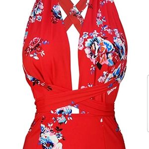 Cocoship Retro One Piece Backless Swimsuit Hi Waisted Pin Up Swimwear Red Pink